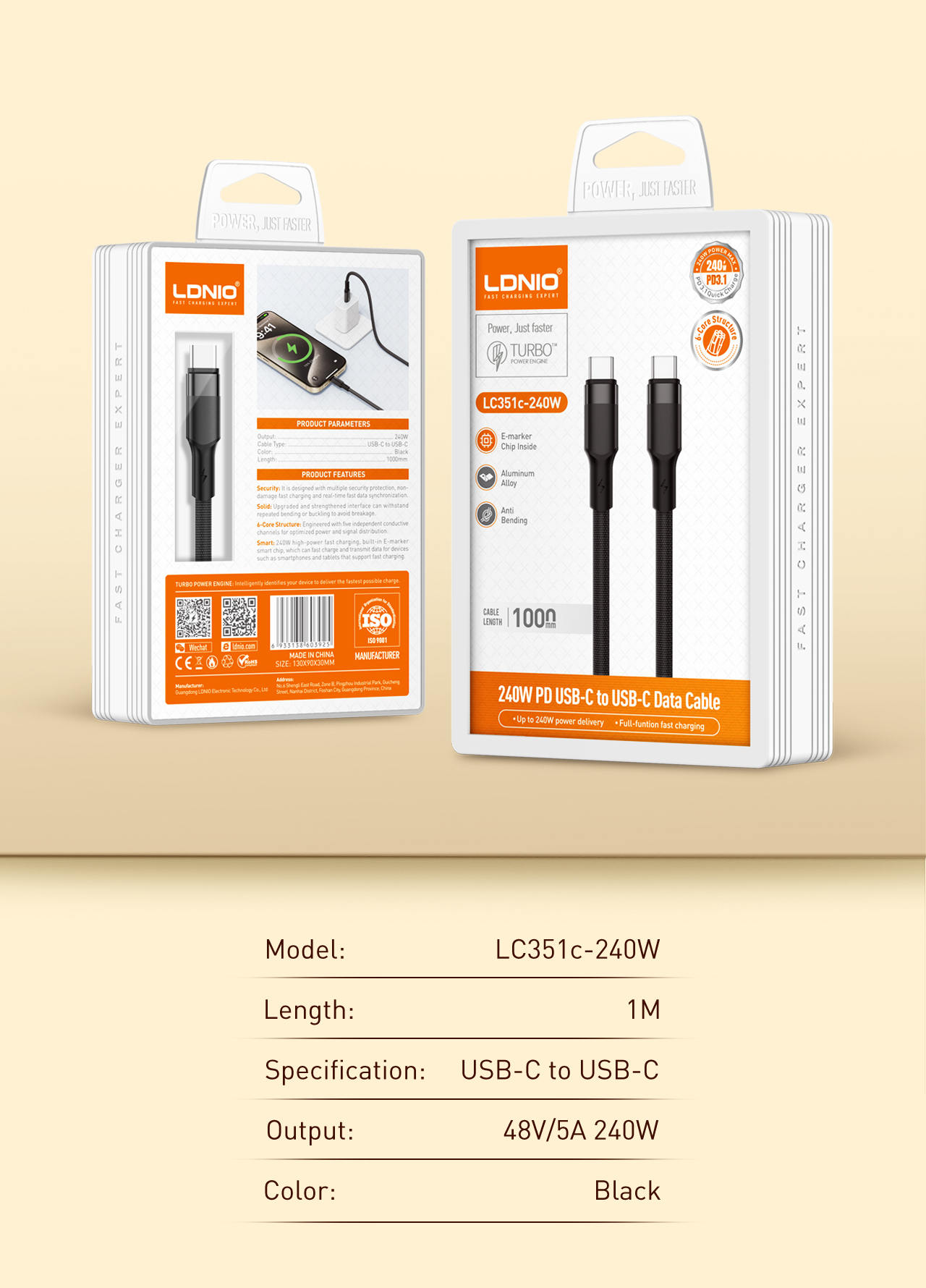 LDNIO LC351 240W C-C usb töltőkábel, 1M