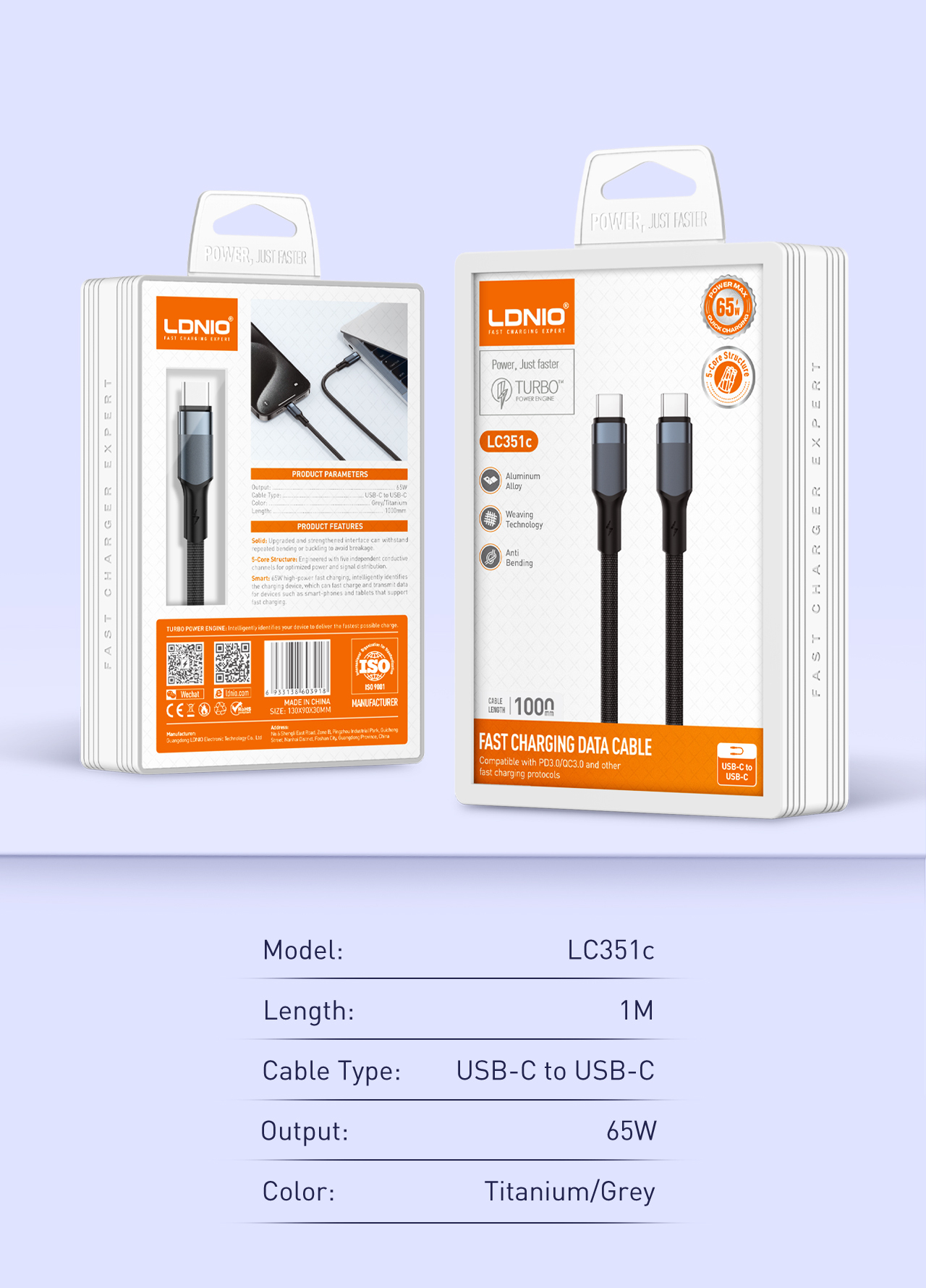 LDNIO LC352 65W C-C usb töltőkábel, 2M